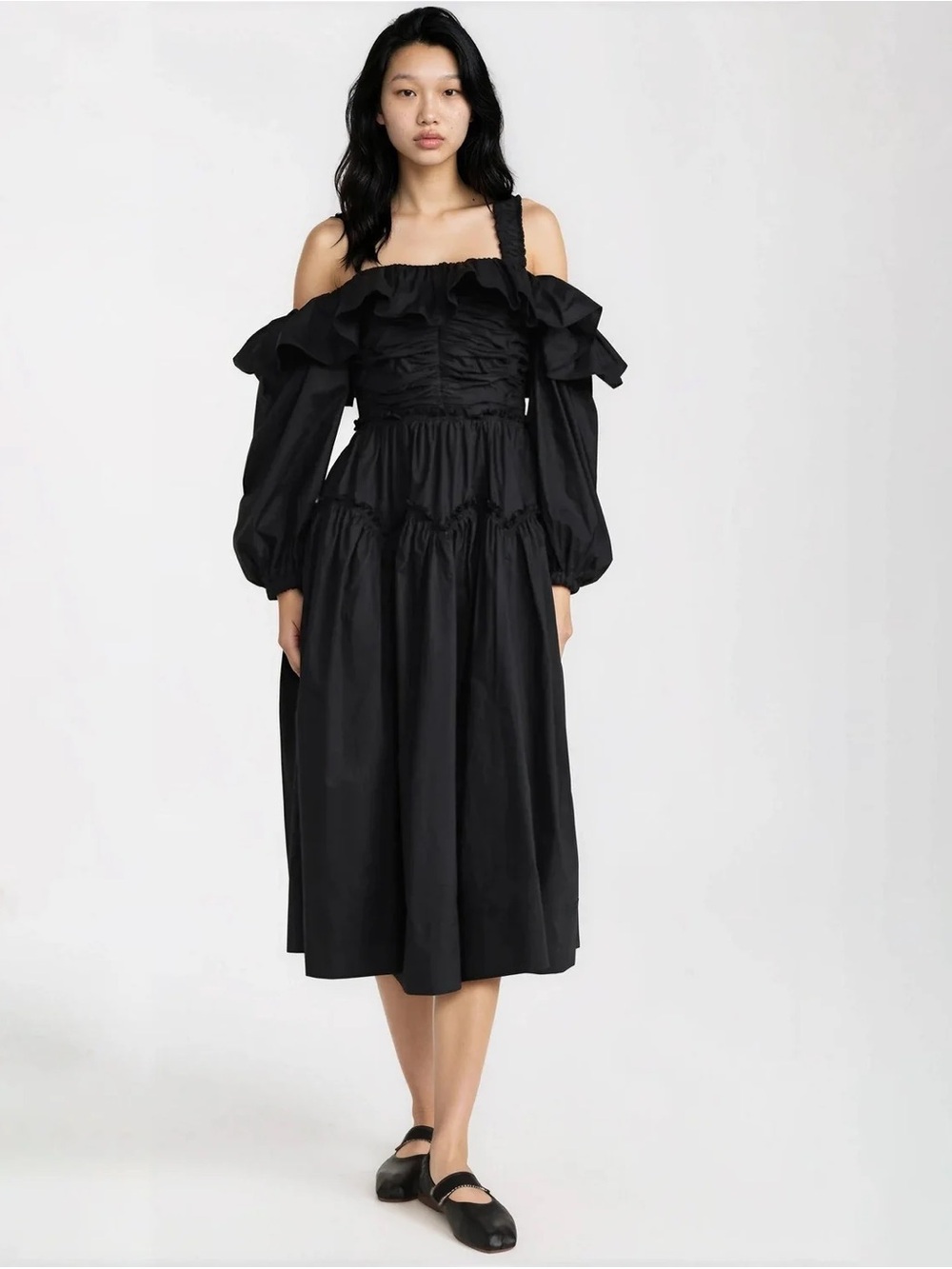 Ulla Johnson Caprice Black Off-Shoulder Ruffle Midi Dress